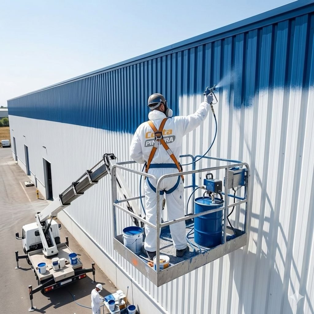 Pintura industrial en altura — plataforma elevadora, nave industrial Costa Blanca